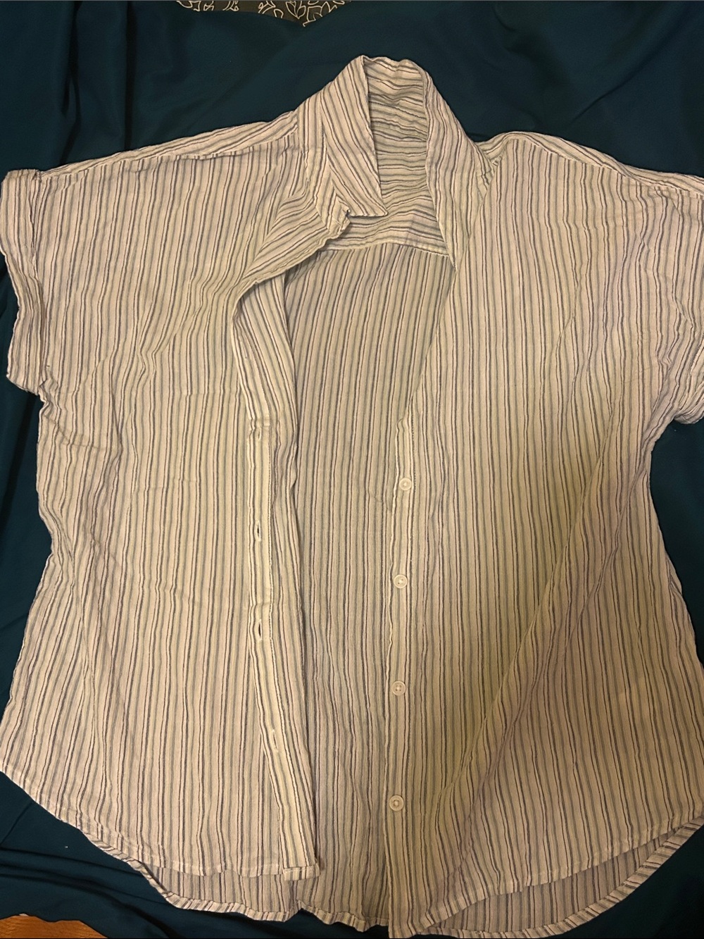 Men's Lightweight Short-Sleeve Button-Up Shirt in White with Blue Stripes